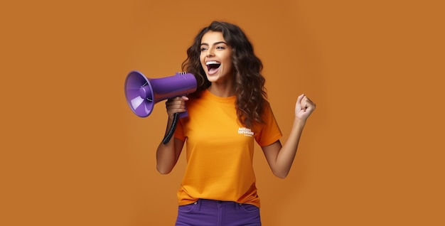 mulher falando ao telefone foto de uma garota feliz segurando um megafone