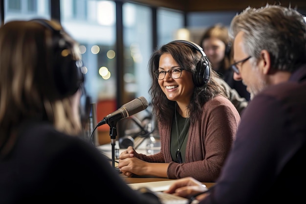 Foto mulher falando no microfone para um programa de rádio ou podcast conceito de comunicação