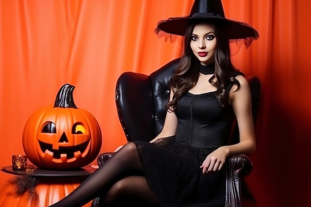 Mulher fantasiada de bruxa em vermelho com abóbora Traje festivo de Halloween A jovem estava se preparando para o feriado
