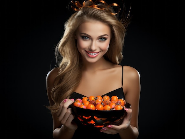 Mulher fantasiada de Halloween segurando uma tigela de doces com um sorriso travesso