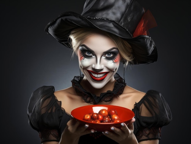 Mulher fantasiada de Halloween segurando uma tigela de doces com um sorriso travesso