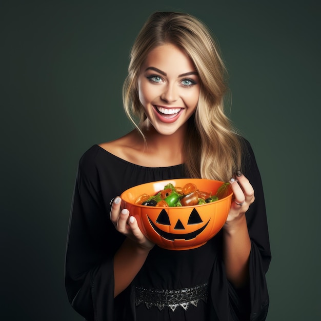 Mulher fantasiada de Halloween segurando uma tigela de doces com um sorriso travesso