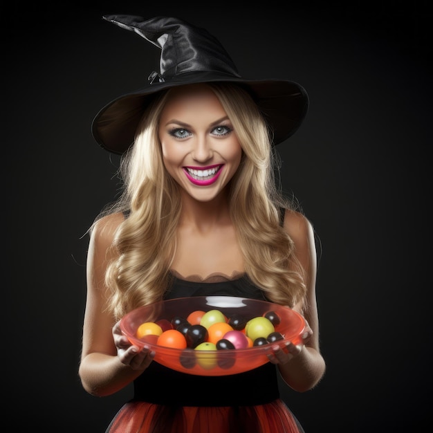 Mulher fantasiada de Halloween segurando uma tigela de doces com um sorriso travesso