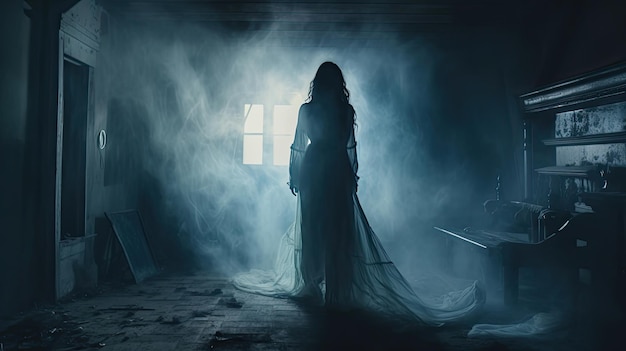Mulher fantasma assustadora no fundo Haunted HouseHorror