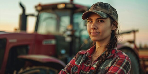 Foto mulher fazendeira no fundo de um trator ia generativa