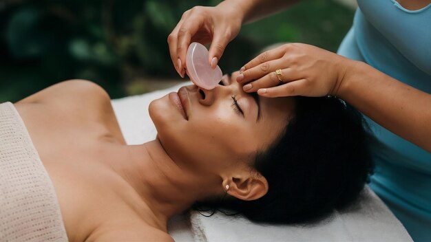 Foto mulher fazendo auto-massagem com pedra de quartzo rosa gua sha