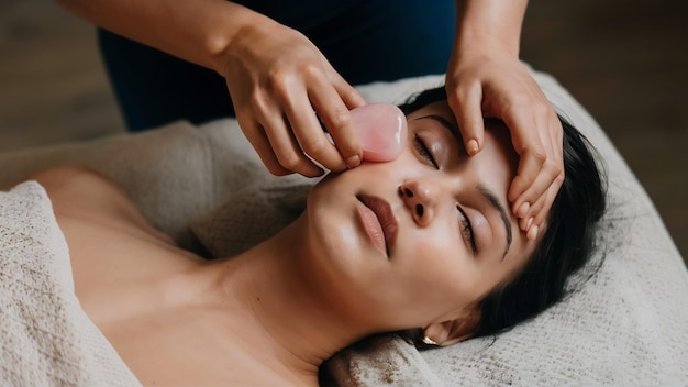 Foto mulher fazendo auto-massagem com pedra de quartzo rosa gua sha