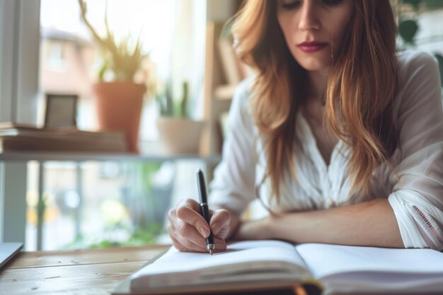 Mulher fazendo brainstorming de ideias com um caderno e caneta Mão com caneta escrevendo em caderno IA geradora