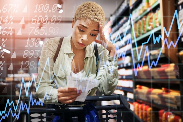 Foto mulher fazendo compras e estresse com recibo de erro de orçamento de aumento de preço ou crise financeira por cliente africano de prateleira em loja ou supermercado com dor de cabeça, custo de alimentos ou sobreposição de inflação