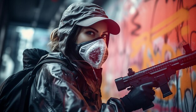Mulher fazendo graffiti cyberpunk com tinta spray na rua