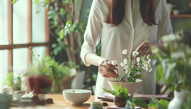 Mulher fazendo ikebana na mesa em close-up