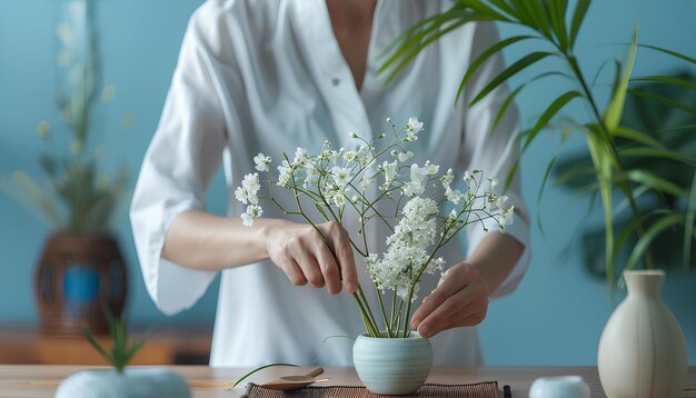 Foto mulher fazendo ikebana na mesa em close-up