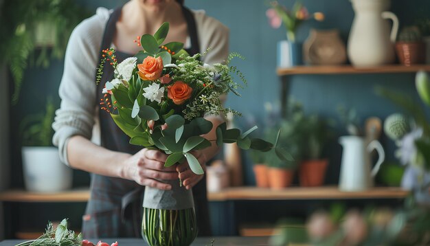 Mulher fazendo ikebana na mesa em close-up