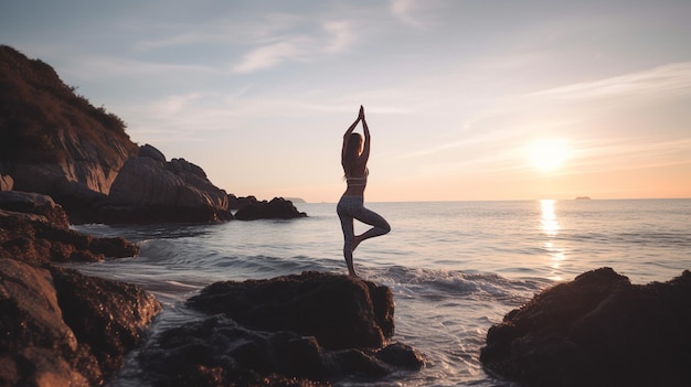 Mulher fazendo ioga em uma pedra ao pôr do sol