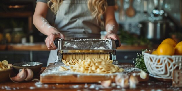 Mulher fazendo macarrão com uma máquina de fazer macarrão