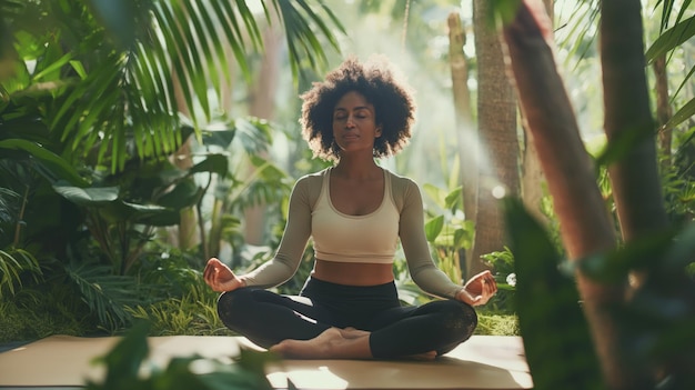Mulher fazendo meditação de ioga em um oásis de jardim pacífico Prática de atenção plena