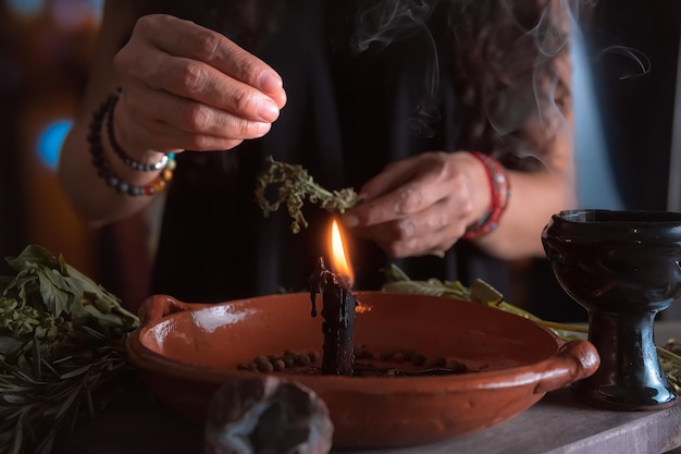 Foto mulher fazendo ritual tradicional com vela preta pimenta de sal marinho em placa de barro com ervas