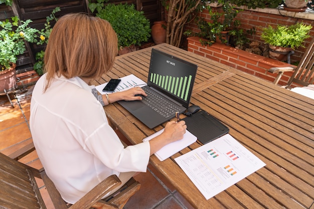 Foto mulher fazendo teletrabalho no jardim de sua casa com documentos e laptop