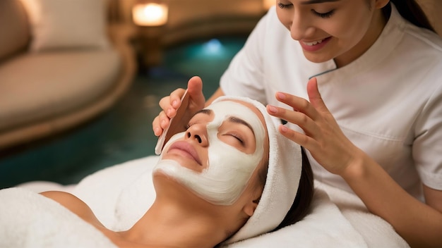 Mulher fazendo tratamento facial em spa com esteticista aplicando máscara no rosto da senhora