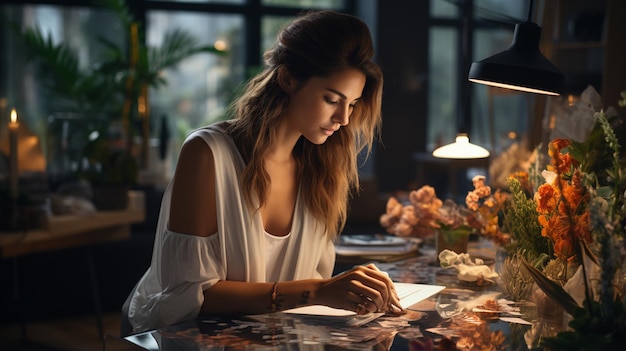 Foto mulher fazendo um buquê de flores em sua mesa