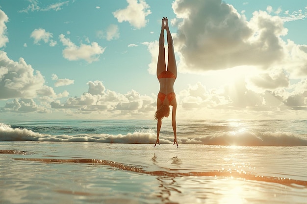 Mulher fazendo um handstand em uma praia