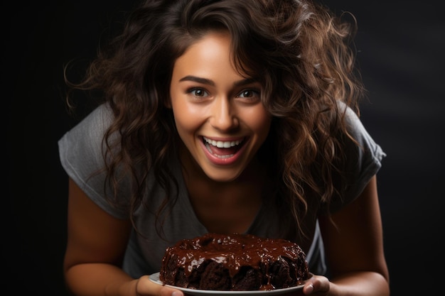 Mulher fazendo uma careta feliz come um delicioso bolo de chocolate em um fundo cinza vazio IA generativo