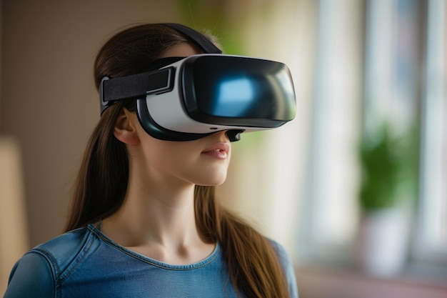 Mulher fazendo uma experiência educacional de realidade virtual com fone de ouvido