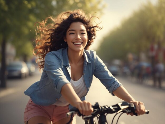 Foto mulher feliz a andar de bicicleta