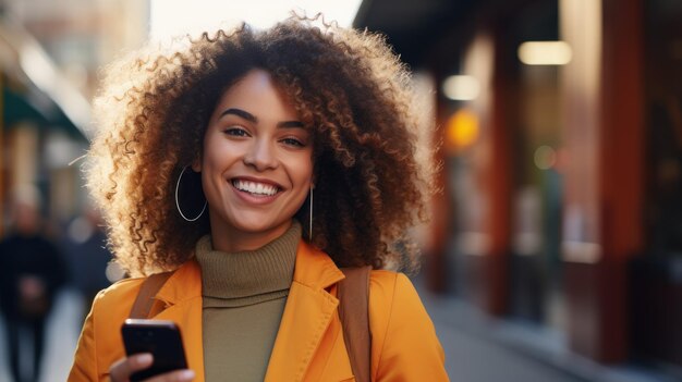 Mulher feliz a caminhar e a falar no telemóvel na cidade.