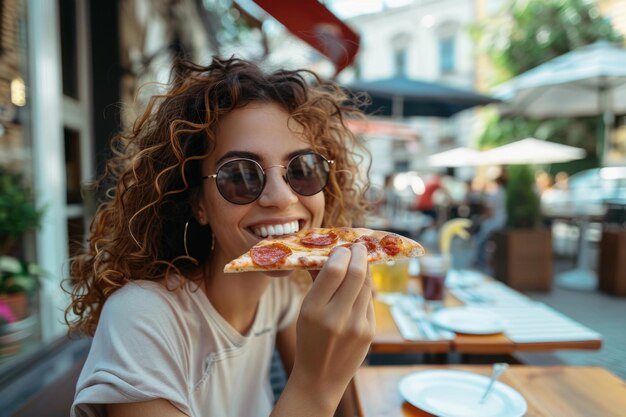 Foto mulher feliz a comer uma fatia de pizza num café na calçada.