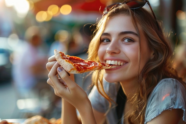 Foto mulher feliz a comer uma fatia de pizza num café na calçada.