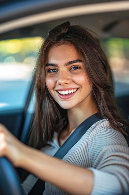 Foto mulher feliz a conduzir um carro e a sorrir. jovens bonitos.