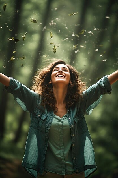 Foto mulher feliz a desfrutar da natureza.