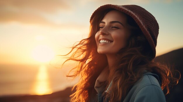 Foto mulher feliz a desfrutar do pôr-do-sol no mar.