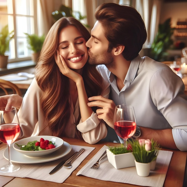 Foto mulher feliz a desfrutar na mesa de jantar enquanto é beijada na mão pelo namorado