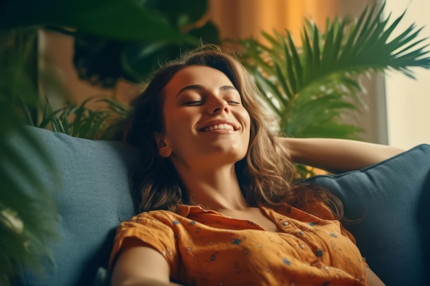 Foto mulher feliz a relaxar no sofá em casa, rapariga sorridente a desfrutar do dia de folga deitada no sofá.