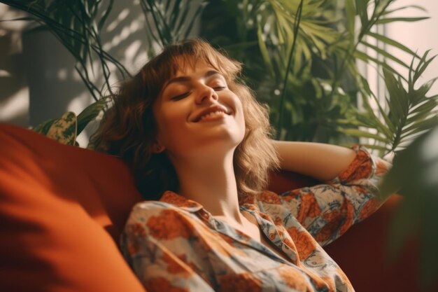 Foto mulher feliz a relaxar no sofá em casa, rapariga sorridente a desfrutar do dia de folga deitada no sofá.