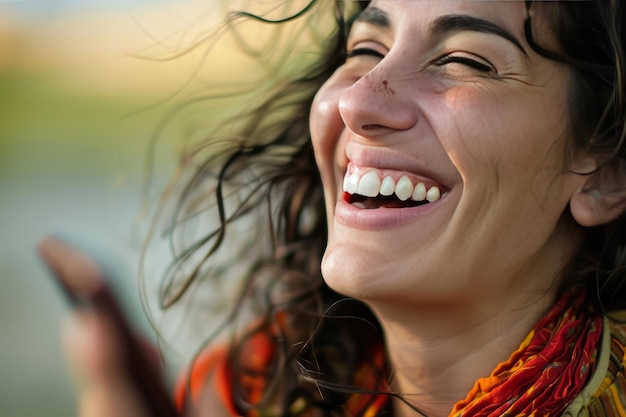 Foto mulher feliz a usar telemóvel