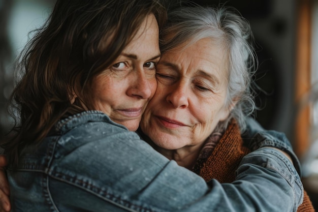 Foto mulher feliz abraçando mãe idosa relações familiares ligação e união ia generativa