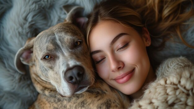 Mulher feliz abraçando seu cachorro em um cobertor aconchegante