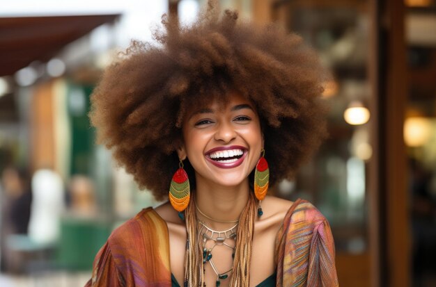 Foto mulher feliz afro-americana a fazer sampling no fundo urbano.