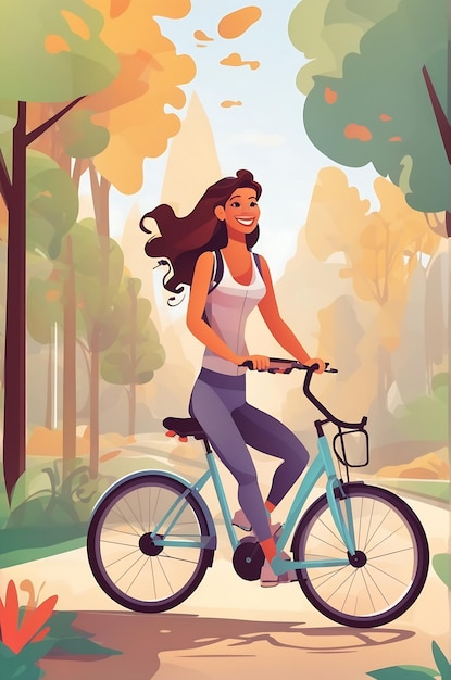 Mulher feliz andando de bicicleta ou página web Ilustração de desenho animado Ai Gerado
