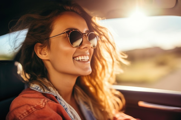 Mulher feliz aproveitando as férias de verão na viagem de carro AI Generative