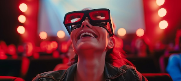 Mulher feliz assistindo a um filme em 3D no cinema com o fundo da audiência desfocado