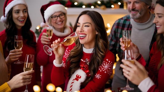 Mulher feliz bebendo champanhe enquanto celebra Natal com seus amigos em casa