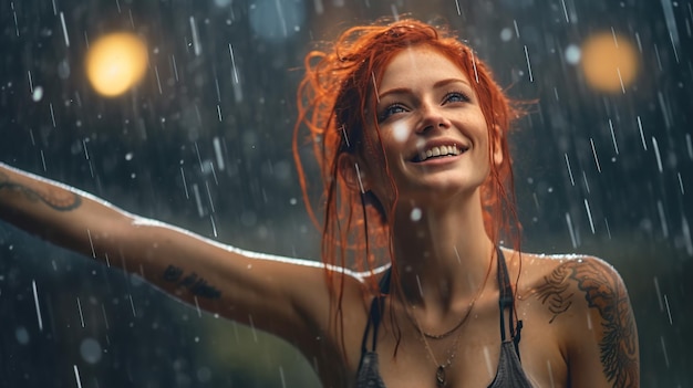 mulher feliz chuva de outono de pé no fundo do tempo chuvoso chuvoso