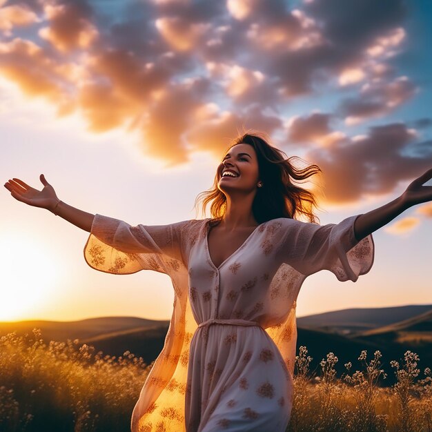 Foto mulher feliz com as mãos abertas num pôr-do-sol de verão