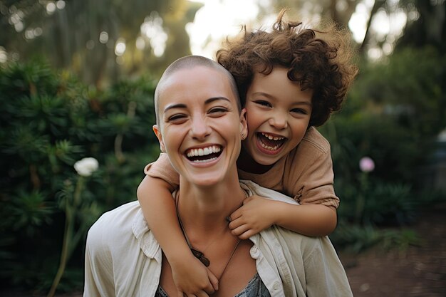 Foto mulher feliz com cabeça raspada com criança ao ar livre