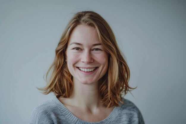 Mulher feliz com cabelo loiro sorrindo para a câmera no estúdio