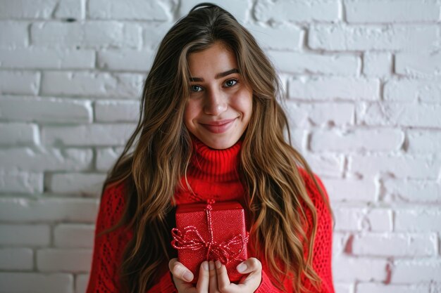 Mulher feliz com cabelos castanhos segurando uma caixa de presentes vermelha